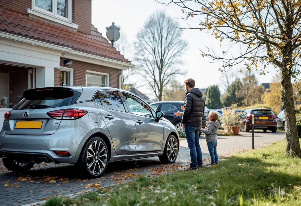 Een jonge koppel bekijkt aandachtig een zilveren hatchback op een zonovergoten oprit in een Vlaamse woonwijk, terwijl de verkoper de motorruimte opent en vriendelijk toelichting geeft.