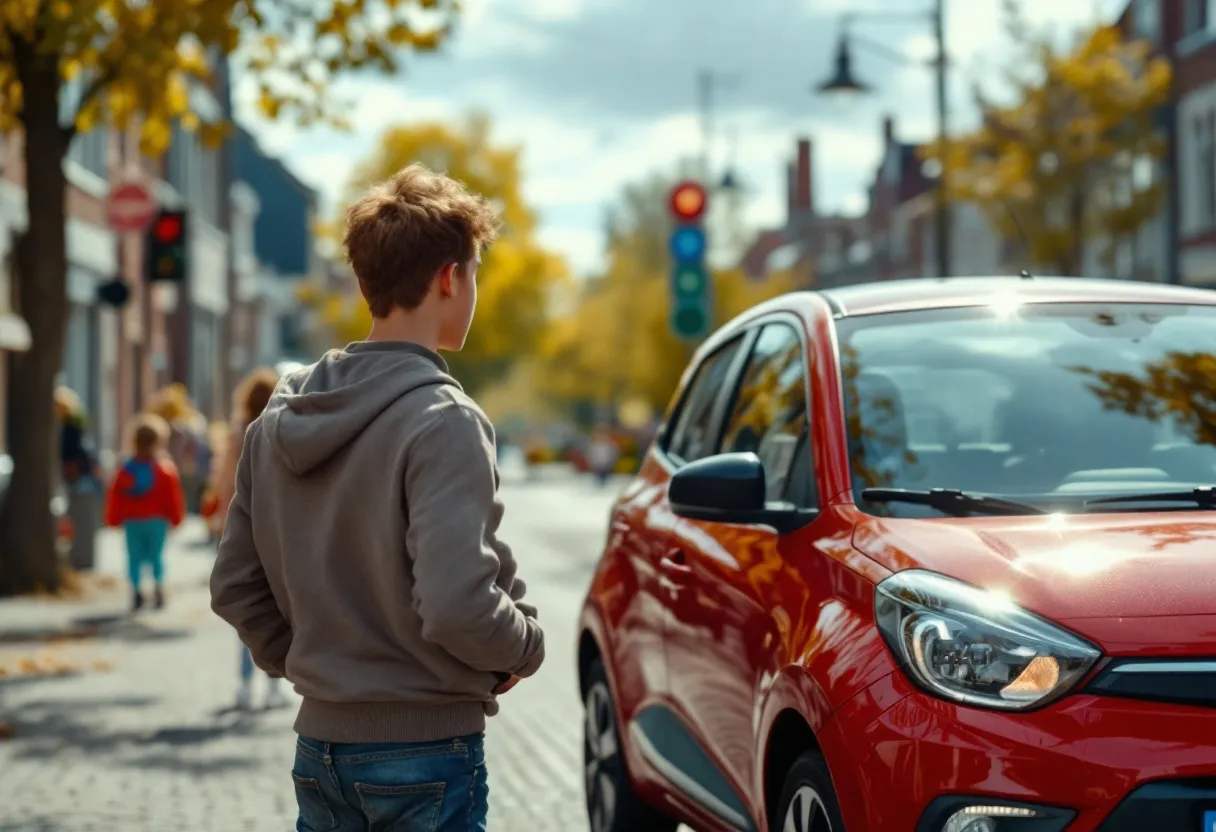 Een jonge bestuurder met zonnebril leunt glimlachend tegen een compacte rode hatchback op een zonnige straat in een Vlaams stadje met kinderkopjes en een kanaal op de achtergrond.