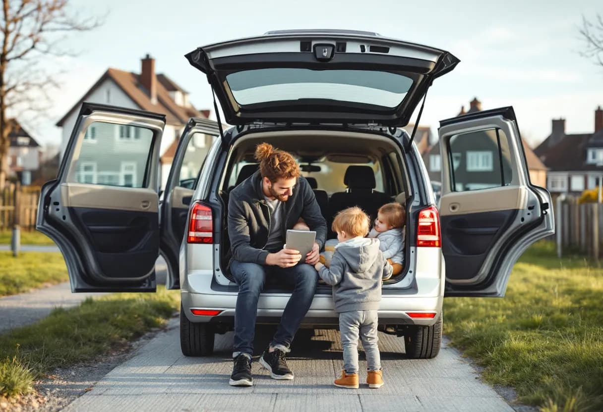 Een jong gezin met een peuter en een baby inspecteert een zilverkleurige tweedehands gezinswagen op een oprit in een Vlaamse voorstad, de achterdeuren open, met een woonwijk op de achtergrond.
