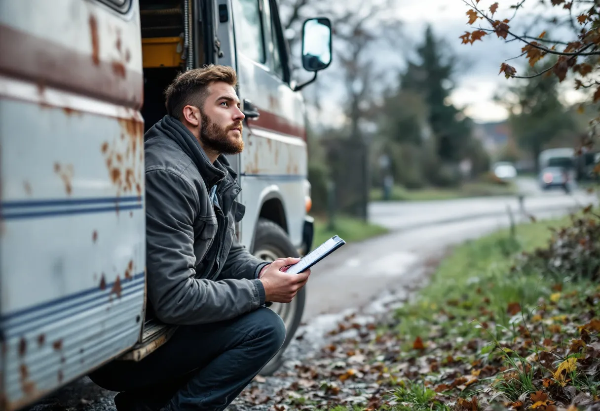 Een jonge man knielt bij een gebruikte wagen op een zonnige oprit in een Vlaamse gemeente en controleert de bandenspanning met een checklist in de hand.