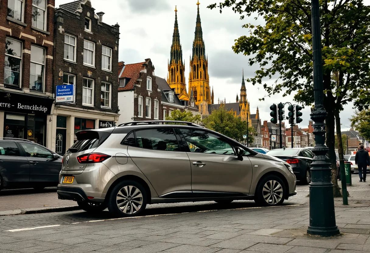 Een zilvergrijze tweedehands hatchback geparkeerd voor een karakteristiek Antwerps rijhuis met een trapgevel, terwijl op de achtergrond de toren van de Onze-Lieve-Vrouwekathedraal oprijst in het gouden avondlicht.