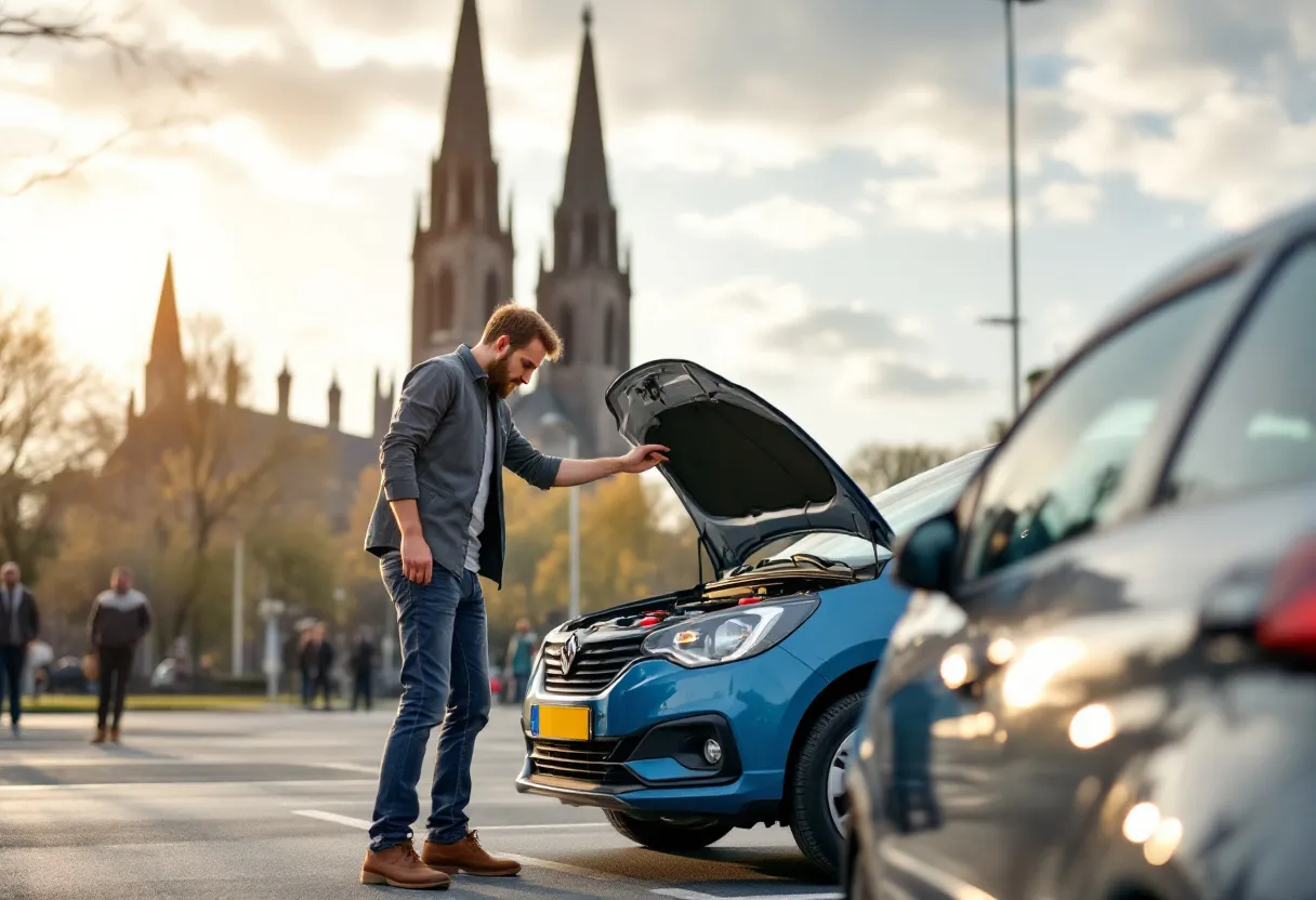 Een Vlaamse man in hemd inspecteert aandachtig de motor van een helderblauwe tweedehands hatchback op een zonovergoten parking in Gent, met de torens van de Sint-Baafskathedraal zichtbaar op de achtergrond.