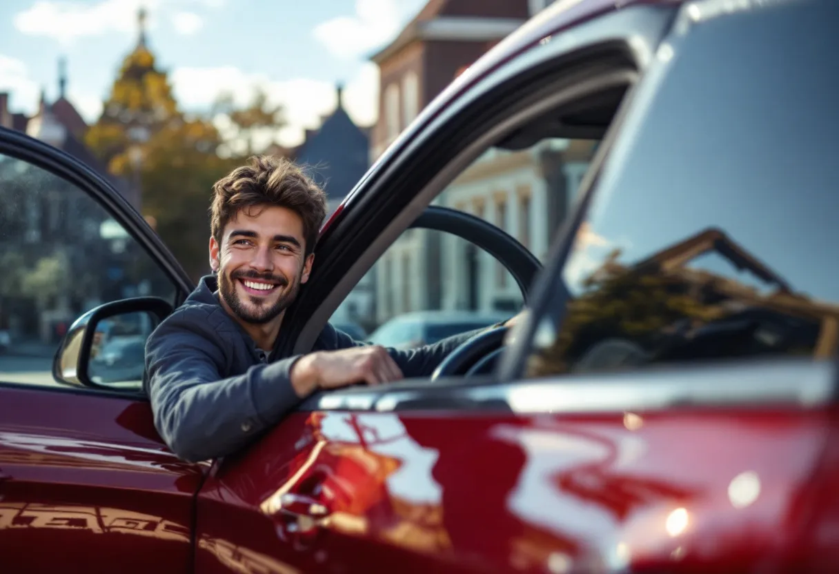 Een fotorealistische scène van een glimlachende jonge bestuurder die uit het raam van een stijlvolle maar betaalbare tweedehands auto kijkt, geparkeerd bij een lokale Leuvense garage met het stadhuis op de achtergrond op een zonnige dag.