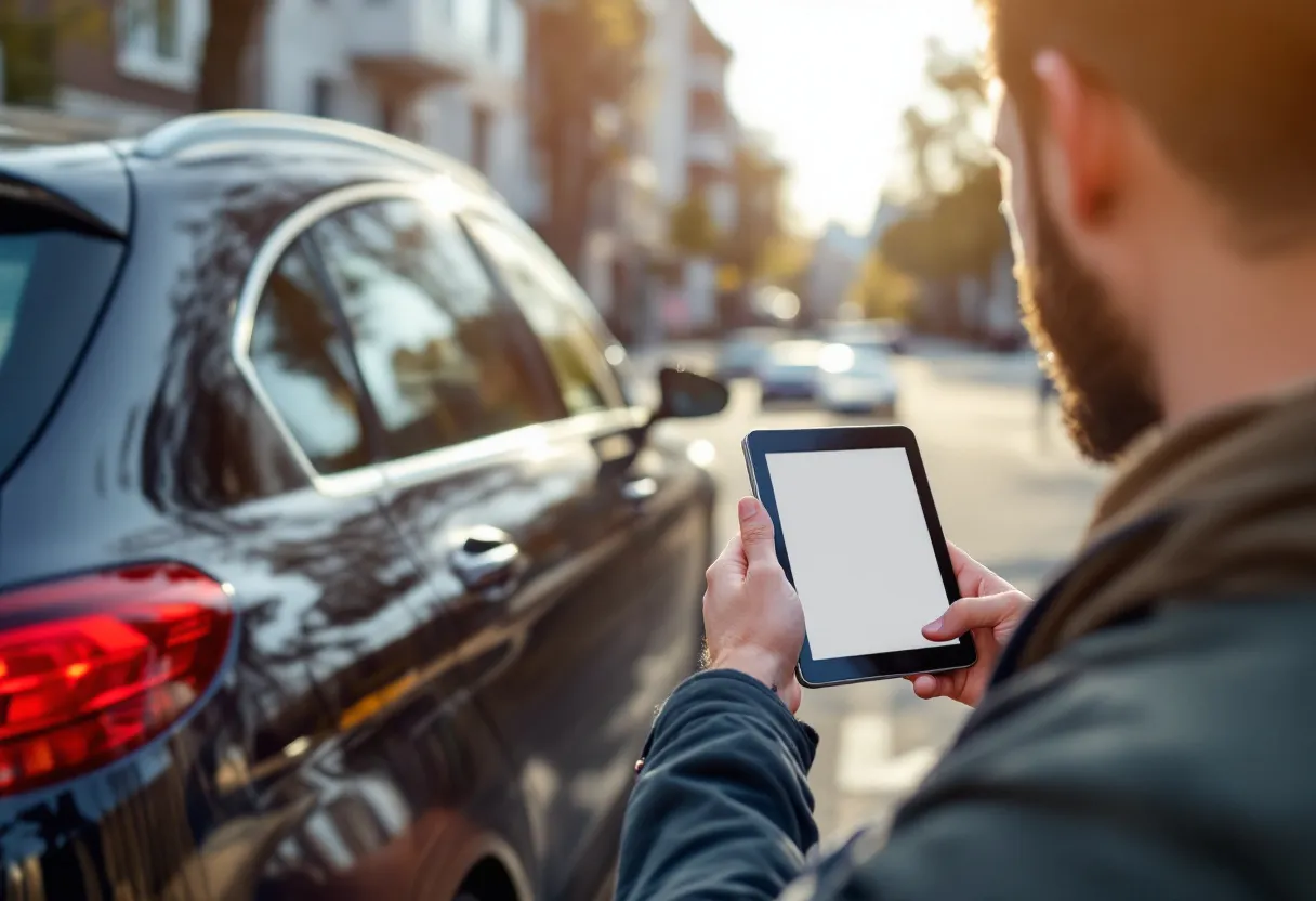 Een jonge man bekijkt een glanzende tweedehandsauto op een zonovergoten parkeerplaats in een Vlaamse stad, terwijl hij een tablet vasthoudt met een vergelijkingstool voor leasen en kopen.