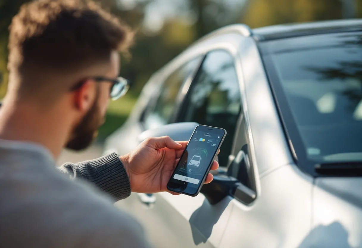 Een jong stel inspecteert tevreden een zilverkleurige tweedehandsauto op een zonnige oprit, terwijl een smartphone met een autolening simulatie op de motorkap ligt, klaar om de financiering te regelen.