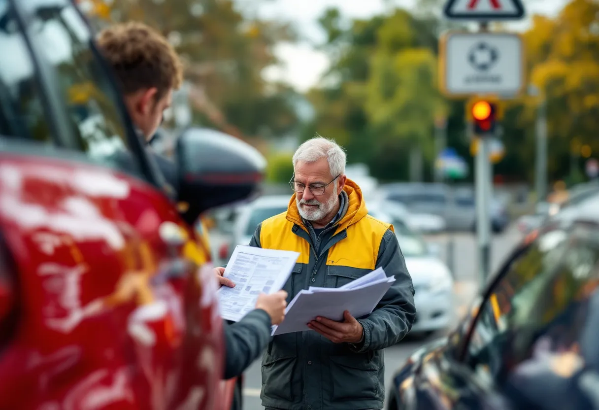 Een fotorealistische foto van een Vlaams autokeuringsstation met een monteur die een rode tweedehandsauto inspecteert op een hefbrug, terwijl de eigenaar toekijkt en een map met keuringsdocumenten vasthoudt.