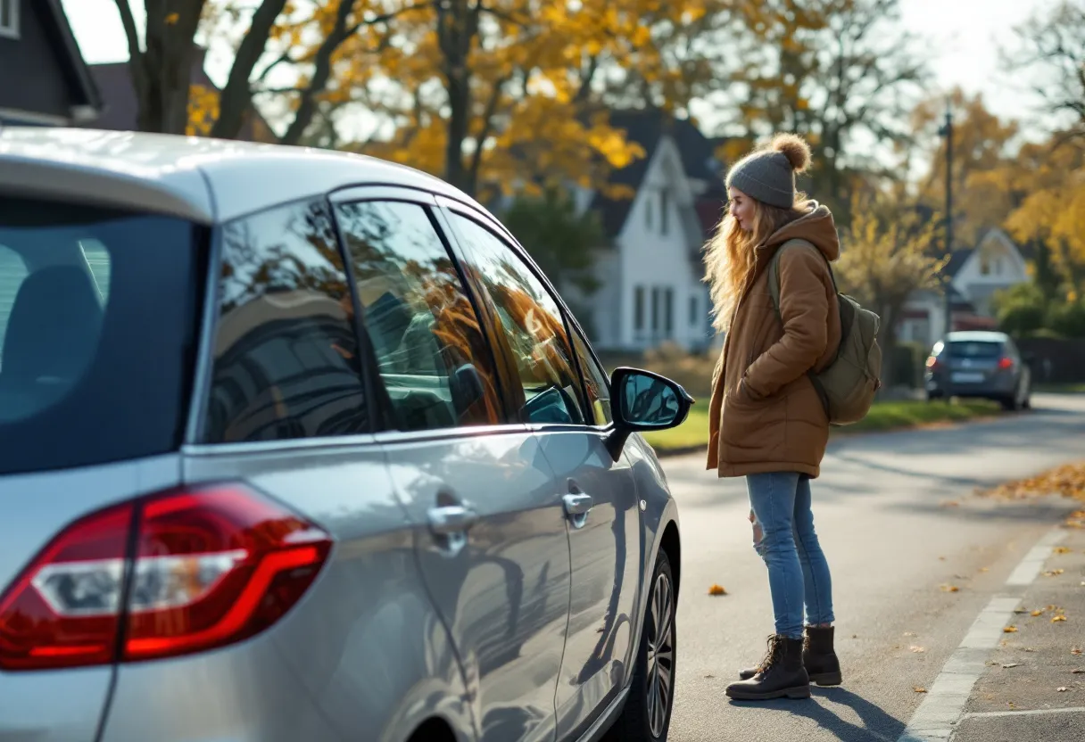 Een jonge vrouw bekijkt een zilverkleurige hatchback op een zonnige parking, terwijl een monteur de motorruimte inspecteert, omringd door Vlaamse landelijke huizen en bomen.