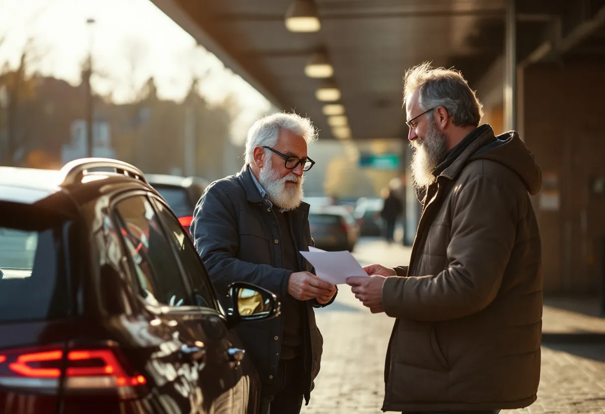 Een verkoper en koper bekijken samen het keuringsrapport naast een glimmende tweedehandsauto voor een autokeuringsstation in een Vlaamse stad.