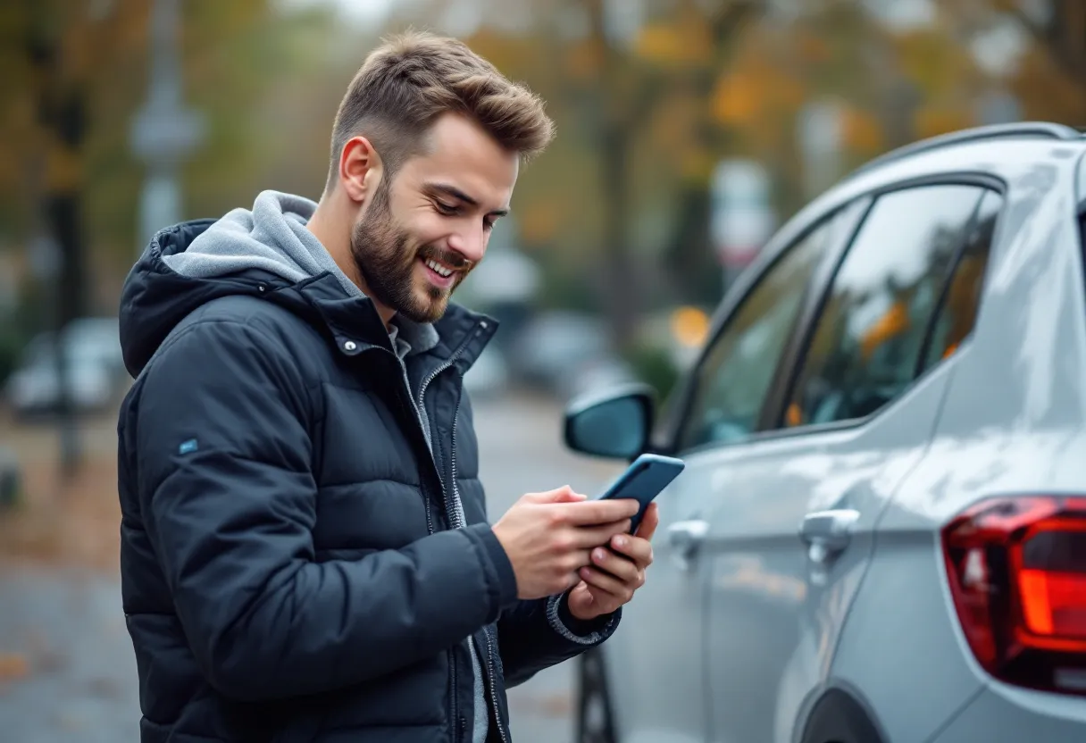 Een fotorealistische foto van een jonge bestuurder die een compacte tweedehandswagen inspecteert op een zonovergoten parkeerplaats in een Vlaamse stad, met een smartphone in de hand waarop een autozoek-app zichtbaar is.
