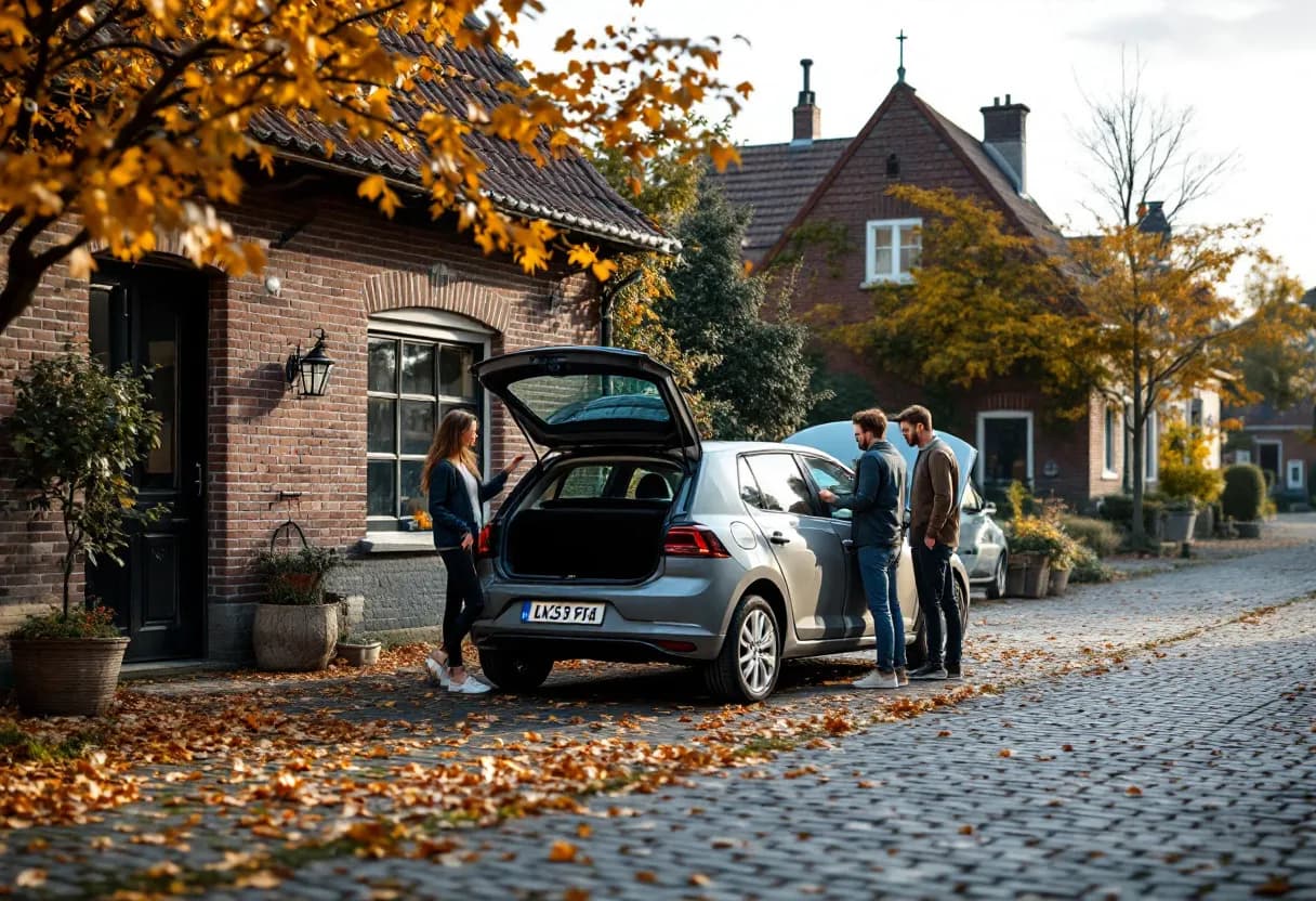 A photorealistic scene of a young woman and a man inspecting a used hatchback car in front of a small brick garage in a Flemish town, the car with its hood open, surrounded by autumnal trees and cobblestone pavement.