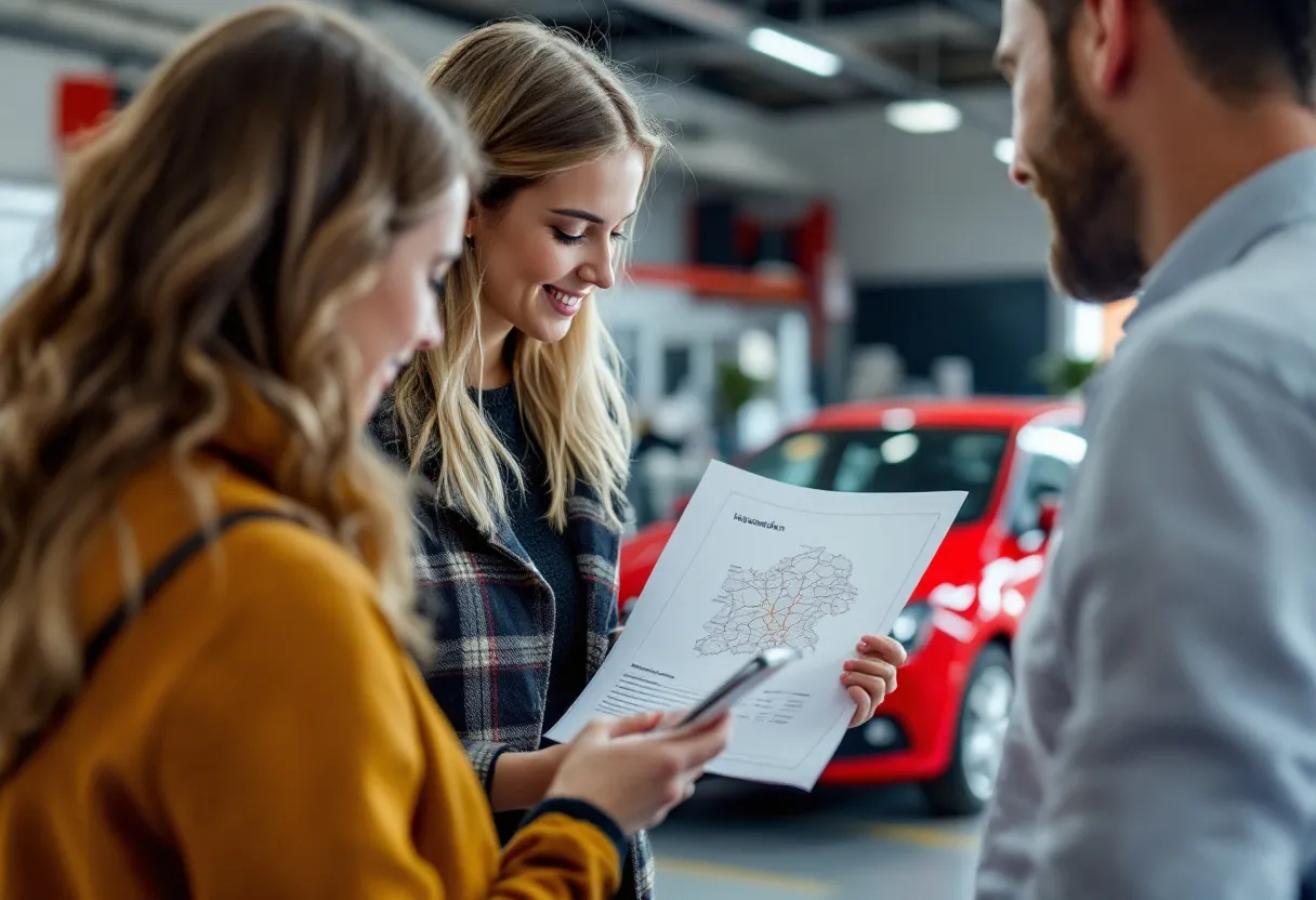 Een jonge vrouw en man bekijken een garantiedocument voor een rode tweedehandsauto bij een garage in Antwerpen, met een smartphone die een kaart van Vlaanderen toont.