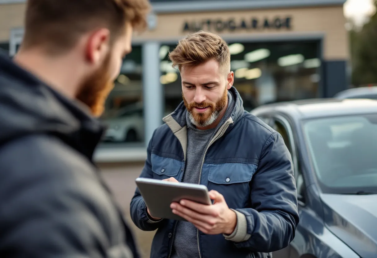 Een jonge man bekijkt een autogeschiedenisrapport op zijn tablet terwijl hij naast een tweedehands auto staat op een Vlaamse parking, met een autogarage op de achtergrond.