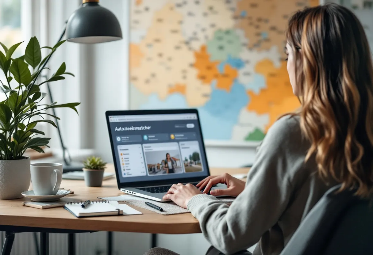 Een jonge vrouw zit aan een modern bureau met een laptop, op het scherm is een kleurrijke autozoekmatcher te zien met filters zoals budget, levensstijl en regio. Op de achtergrond een kaart van Vlaanderen met gemarkeerde steden. Op tafel liggen een notitieblok en een kop koffie.