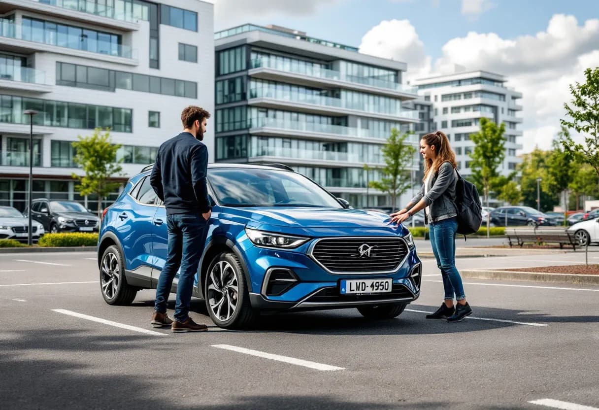Een jonge man en vrouw bekijken een blauwe tweedehands auto op een parking in Hasselt, met op de achtergrond de moderne gebouwen van de Corda Campus.