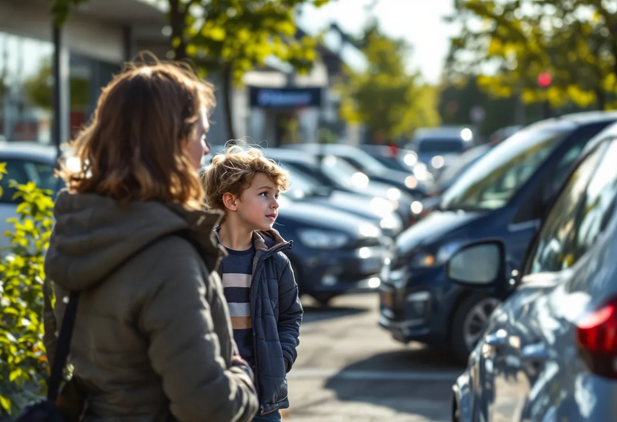 Een jong koppel bekijkt een rij glanzende tweedehands auto's op een zonovergoten parkeerplaats bij een autohandelaar in Hasselt, terwijl een verkoper hen een compacte blauwe hatchback aanwijst.