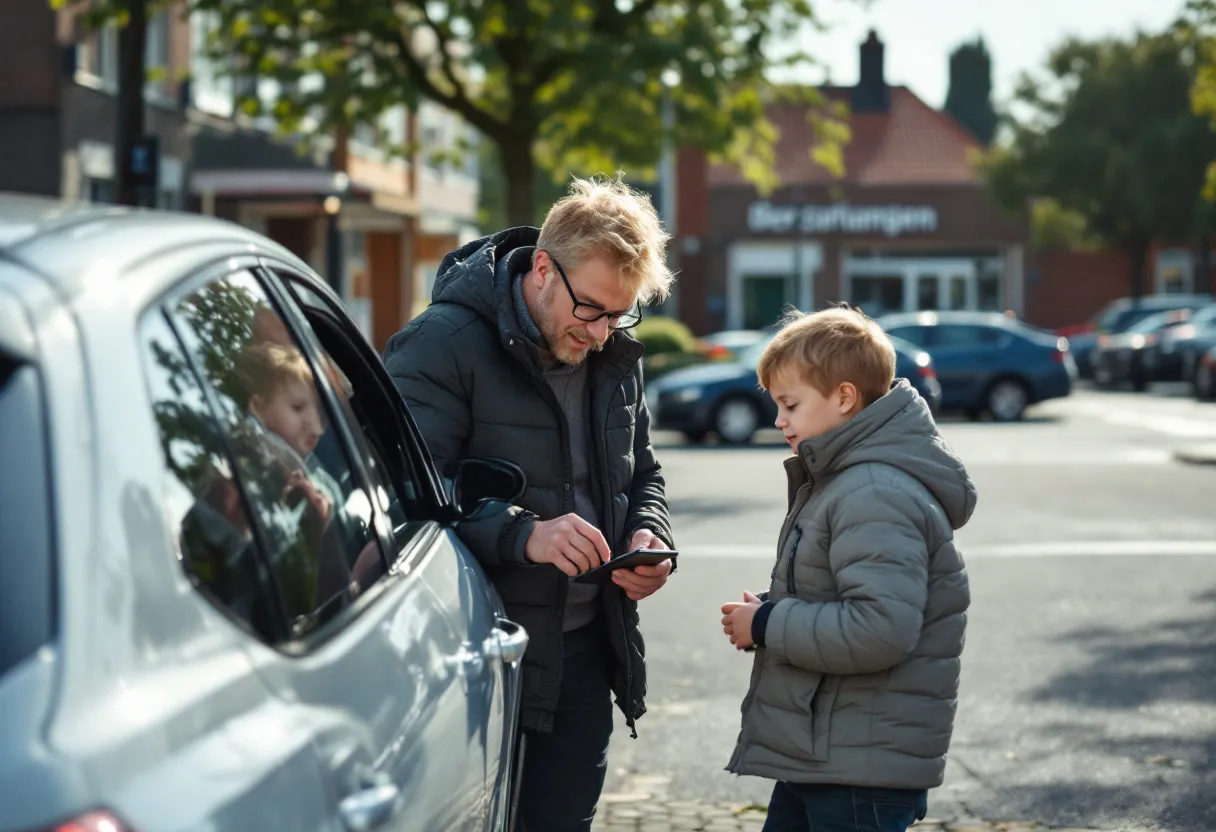 Een jong koppel inspecteert een zilverkleurige tweedehands gezinswagen op een zonnige parking in Oost-Vlaanderen, met op de achtergrond lage bakstenen gebouwen en een kasseienstraat.