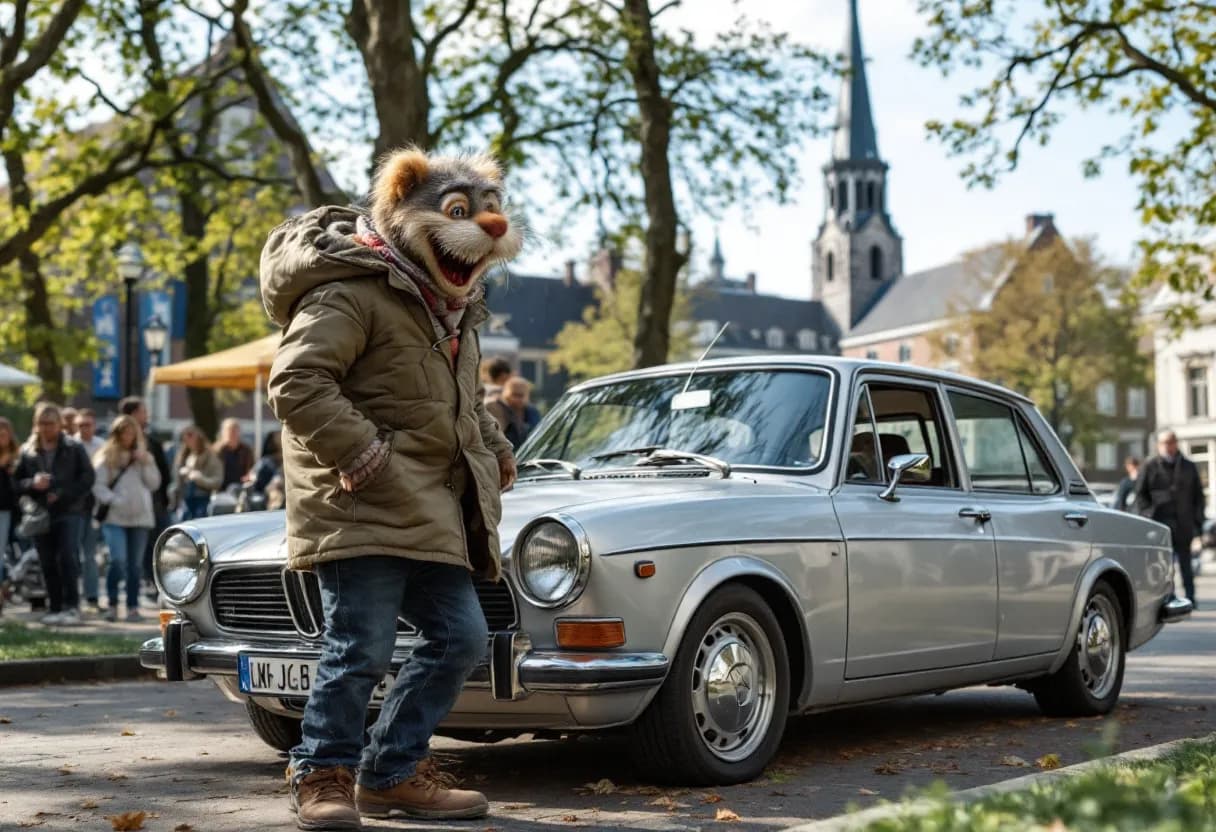 Een lachend koppel bekijkt een zilverkleurige tweedehands gezinswagen op een zonnige parkeerplaats in het centrum van Mechelen, met de Sint-Romboutstoren op de achtergrond.
