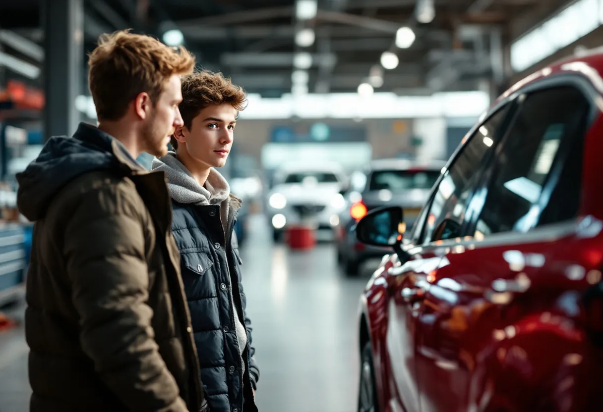 Een jong koppel bekijkt een glanzende rode tweedehandsauto bij een Vlaamse garage, terwijl een verkoper vriendelijk uitleg geeft over de financieringsopties.