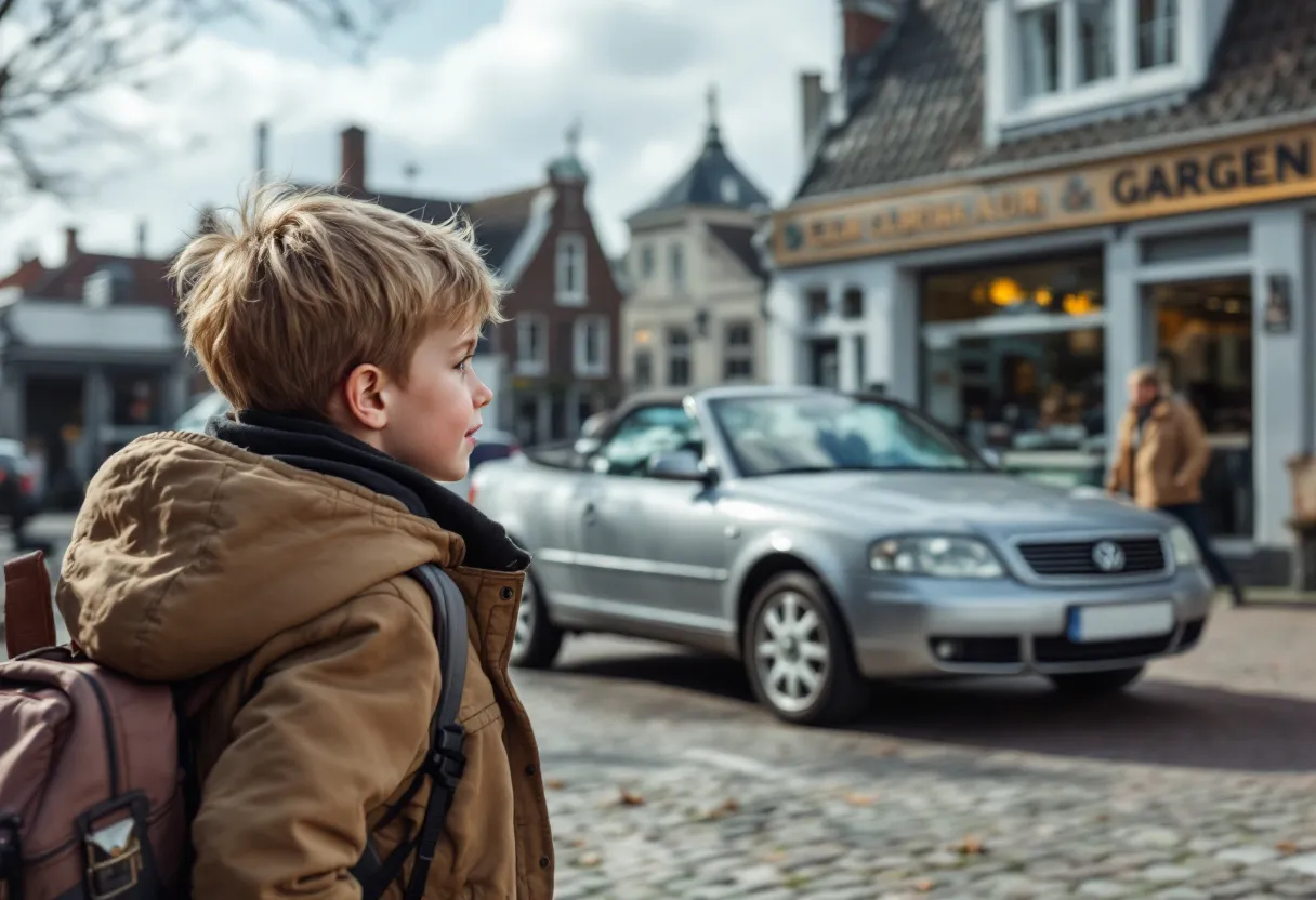Een jonge koppel bekijkt een zilveren tweedehandsauto bij een lokale garage in een Vlaamse stad met kasseien en historische gevels op de achtergrond.