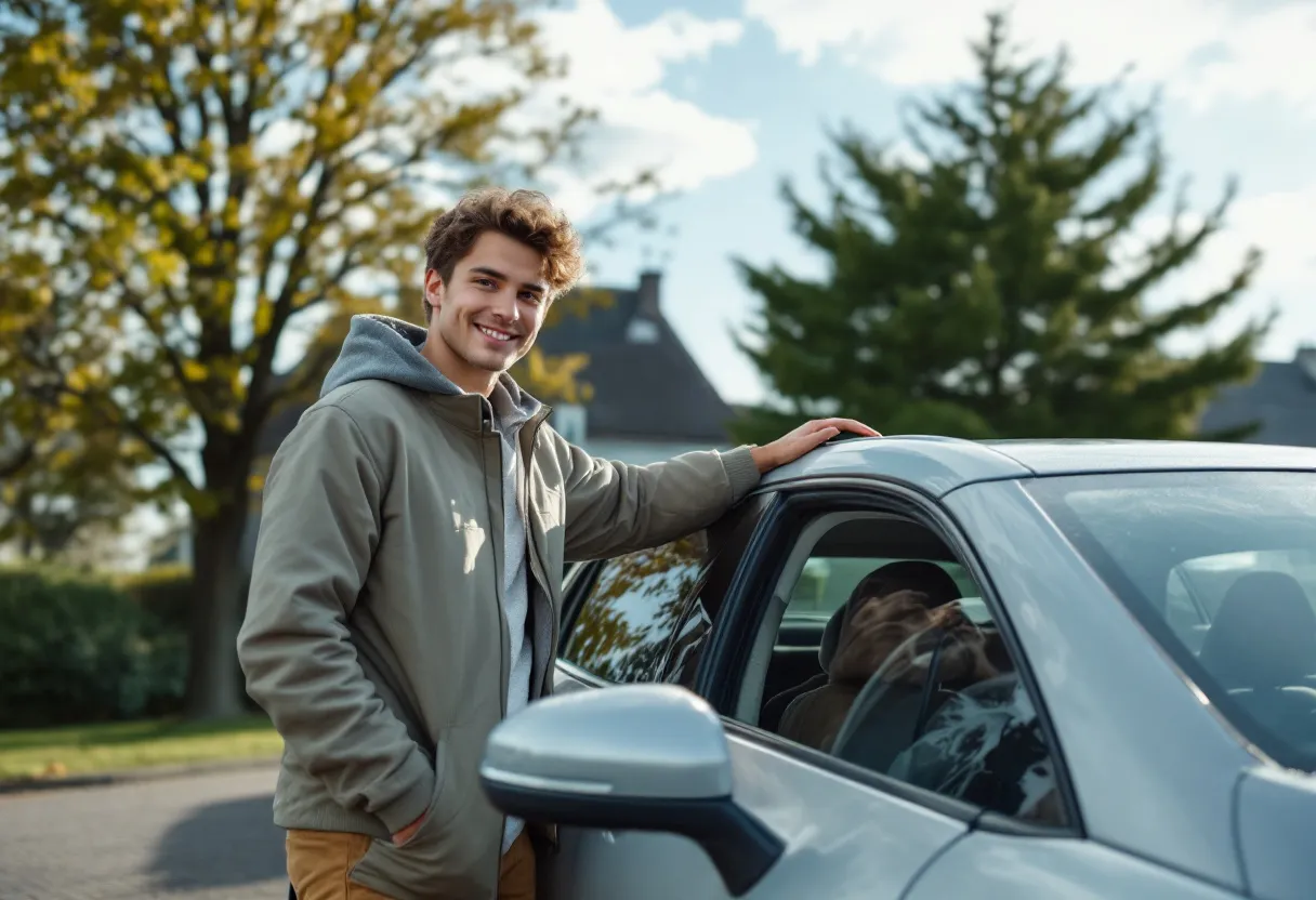 Een glimlachende jonge Vlaming staat met één hand op het dak van een compacte zilverkleurige tweedehandsauto op een zonovergoten parkeerplaats met op de achtergrond een rij Vlaamse gevels en een lindeboom.