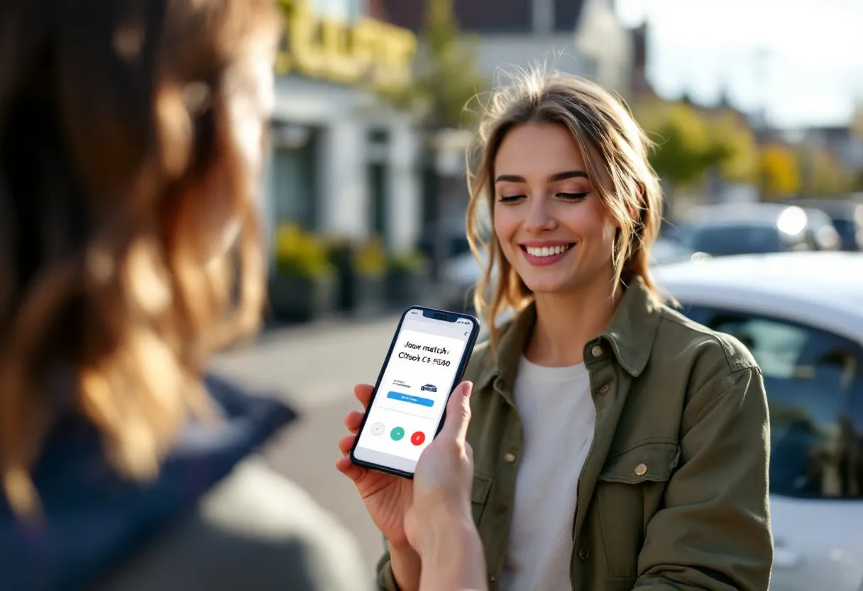 Een glimlachende jonge vrouw staat naast een zilvergrijze compacte tweedehandsauto op een zonovergoten oprit in een Vlaamse buitenwijk, ze bekijkt een autozoek-app op haar smartphone die toont: 'Jouw match: Citroën C3, €7500'.