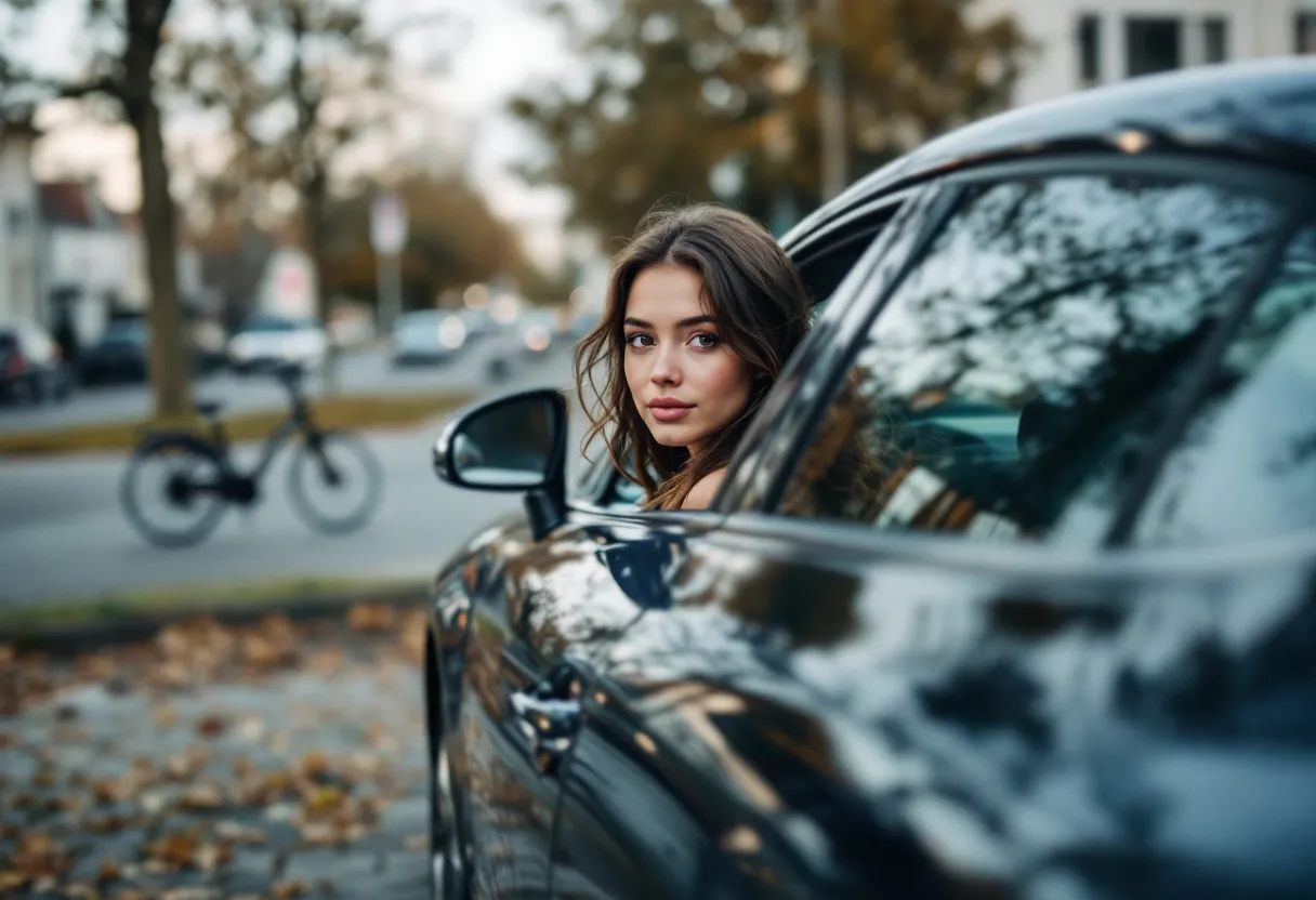 Een jonge vrouw zit achter het stuur van een glimmende tweedehands auto op een parkeerplaats met uitzicht op een Vlaamse dorpskern en fietsen op de achtergrond.
