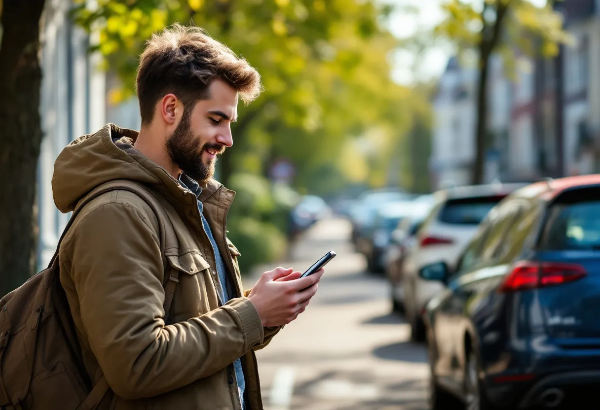 Een jonge bestuurder in een zonnige Vlaamse straat bekijkt een rijtje geparkeerde tweedehandsauto's, met zijn smartphone in de hand om via een app prijzen en betrouwbaarheid te vergelijken.