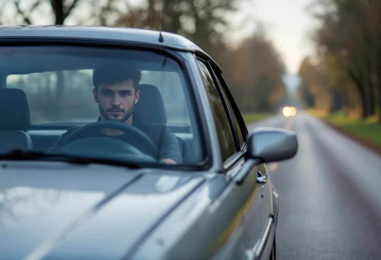 Een jonge bestuurder maakt een proefrit met een zilverkleurige tweedehandsauto op een rustige Vlaamse landweg, terwijl hij geconcentreerd naar het dashboard kijkt.