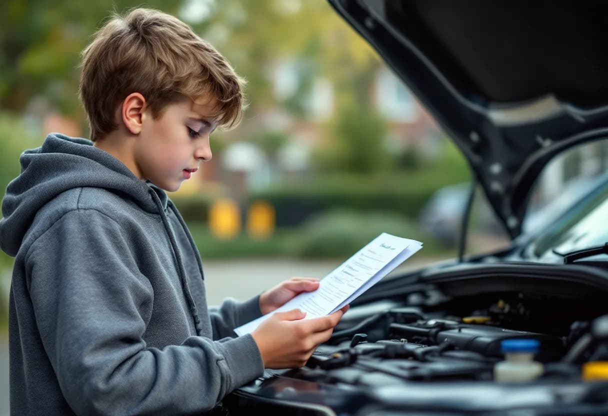 Een jonge koppel inspecteert aandachtig de motor van een tweedehands auto op een oprit in een Vlaamse woonwijk, met een checklist in de hand en een Car-Pass-document zichtbaar op het dashboard.