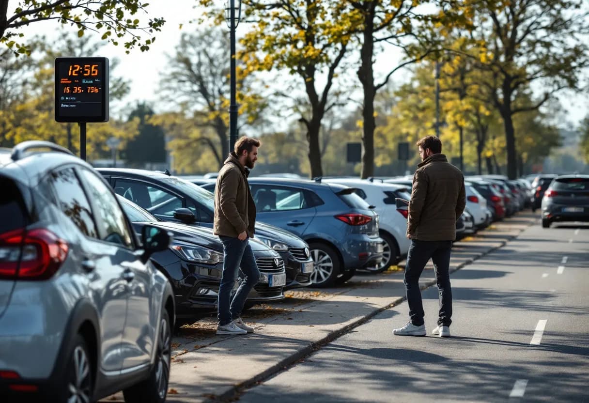 Een fotorealistische foto van een rij tweedehands auto's op een zonnige parkeerplaats in Vlaanderen, met een digitale kilometerteller die verschillende standen laat zien naast elke auto, en een potentiële koper die een autodeur inspecteert.