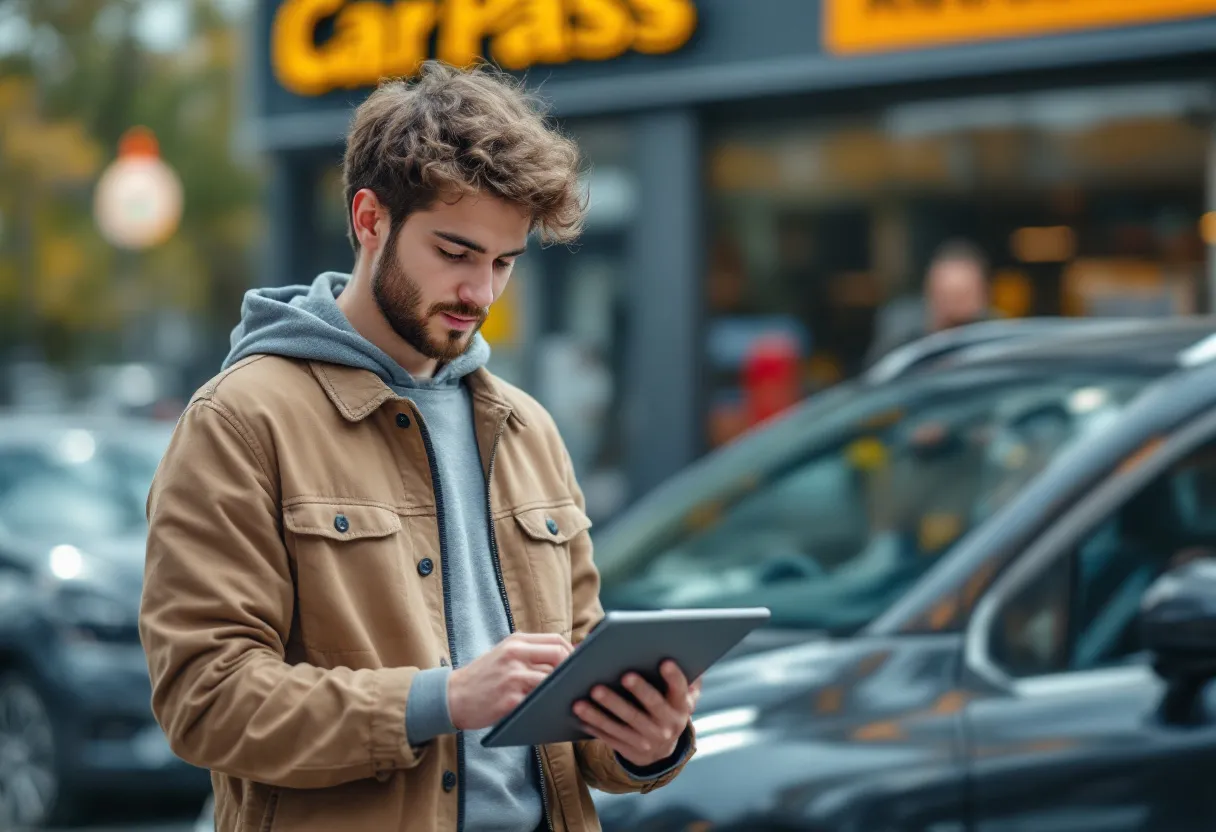 Een jonge Vlaming bestudeert een Car-Pass-document op zijn tablet terwijl hij naast een blinkende tweedehandsauto staat op een heldere dag, met een autohandelaar op de achtergrond.