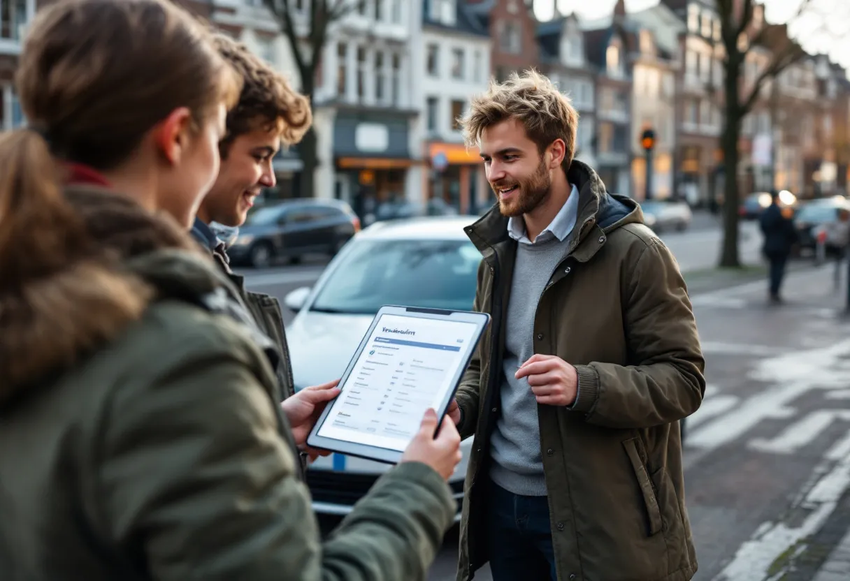 Een fotorealistische scène van een jonge koppel dat een gebruikte Volkswagen Polo inspecteert op een zonovergoten parkeerplaats in Gent, terwijl een adviseur een tablet met verzekeringsopties toont, met op de achtergrond een straat met Vlaamse gevels.