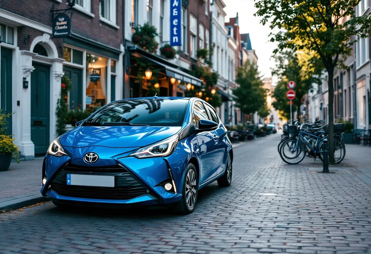 Een glanzende blauwe Toyota Aygo geparkeerd langs een kasseienstraat in het historische centrum van Gent, met fietsen en terrasjes op de achtergrond.