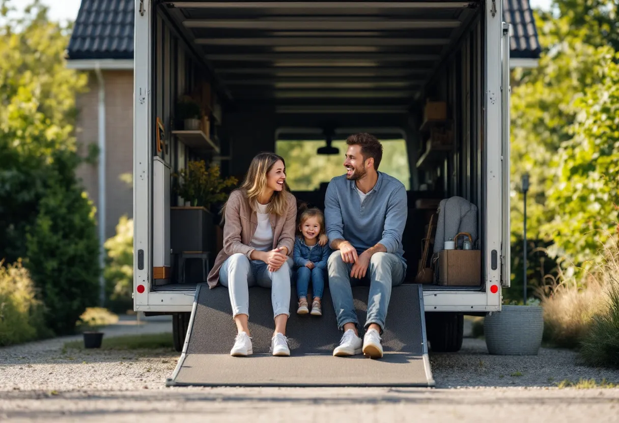 Een realistisch beeld van een jong Vlaams gezin dat lachend in- en uitstapt uit een zilverkleurige monovolume geparkeerd voor een bakstenen huis met een groene tuin op een zonnige dag.