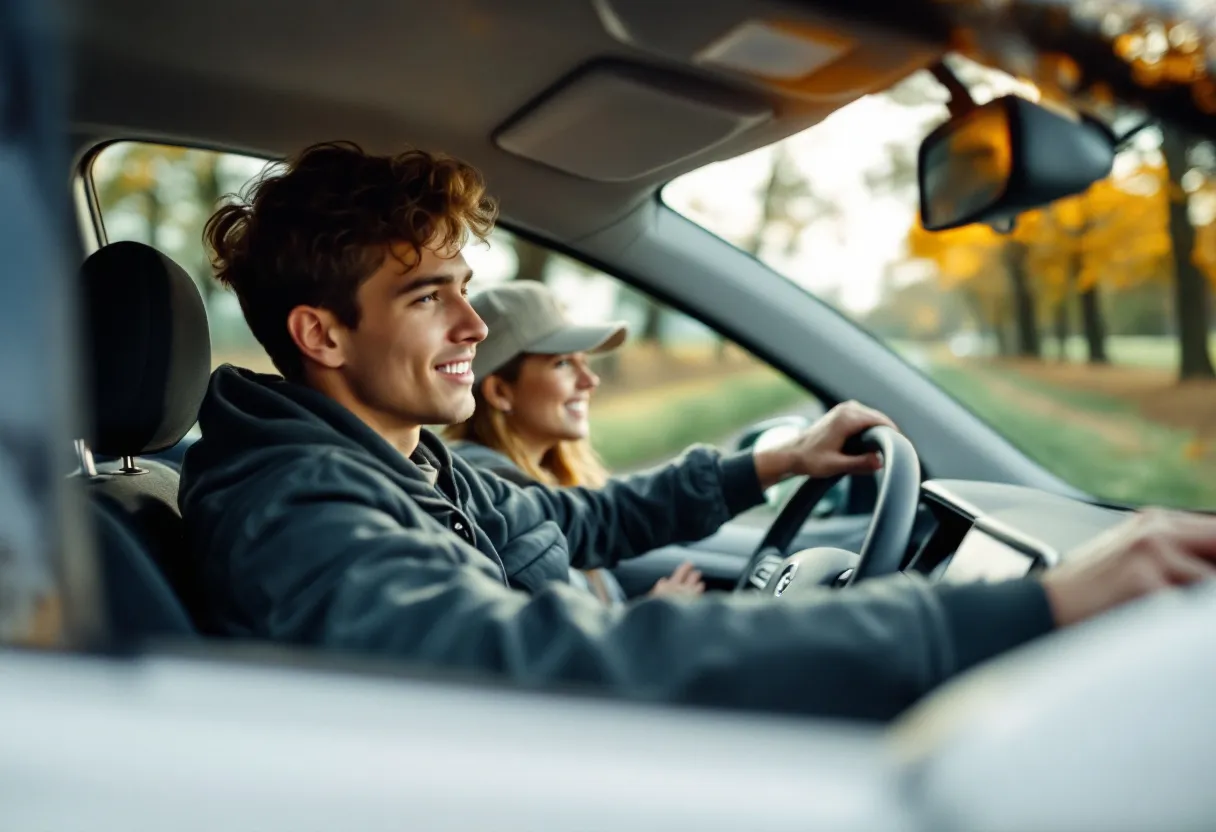 Een jonge bestuurder maakt een proefrit in een witte elektrische hatchback op een rustige landweg in Vlaanderen, met een glimlachende passagier naast hem.