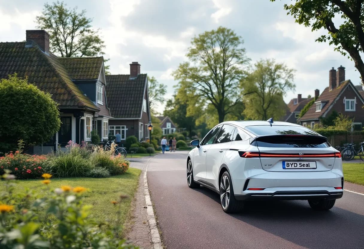 Een witte BYD Seal elektrische sedan staat geparkeerd langs een kasseiweg in een schilderachtig Vlaams dorp met bakstenen huizen en fietsers op de achtergrond.
