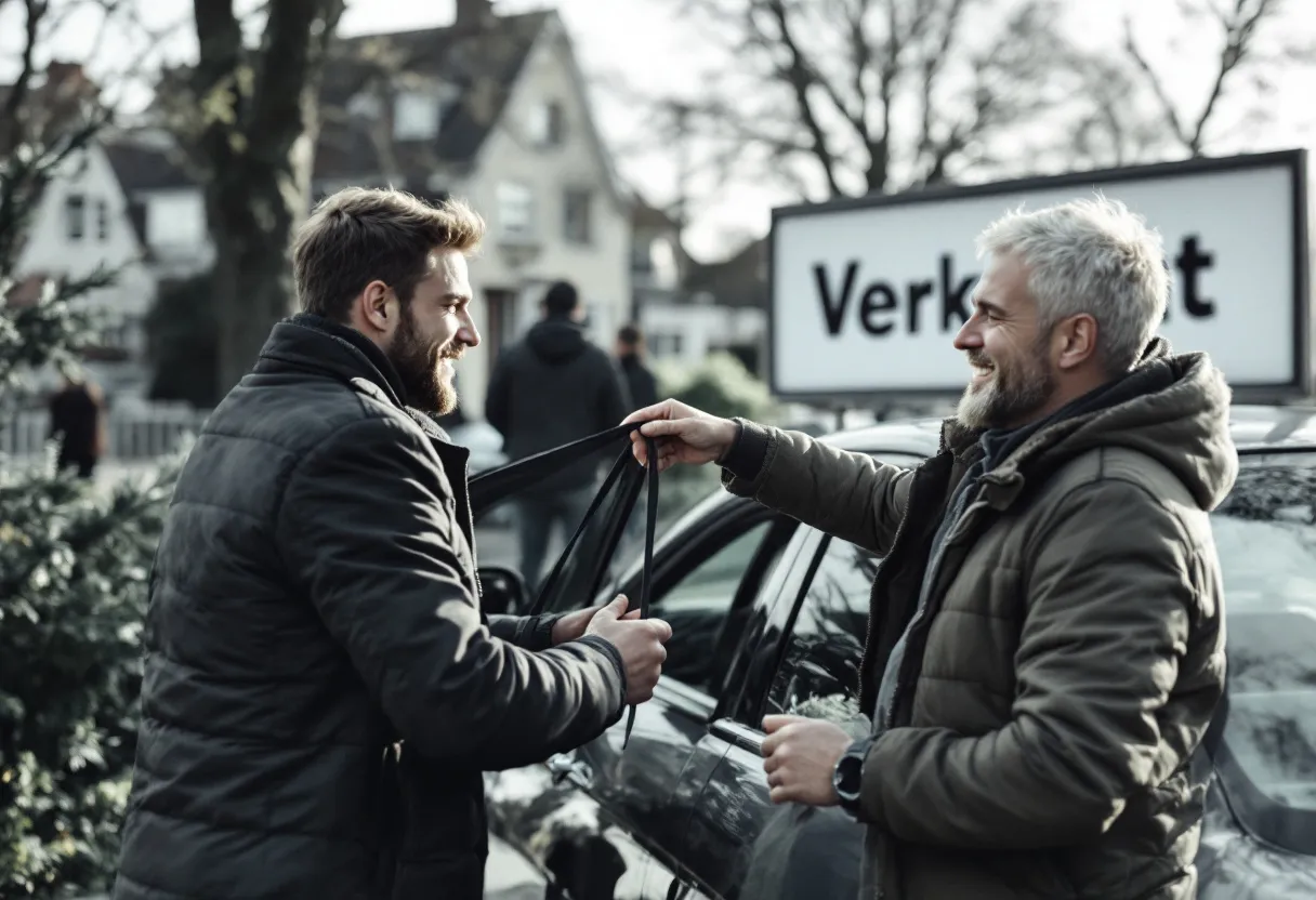 Een glimlachende jonge man overhandigt de sleutels van een glanzend gepoetste auto aan een tevreden koper op een zonovergoten oprit in een Vlaamse woonwijk, met op de achtergrond een groot bord met het woord 'Verkocht' erop.