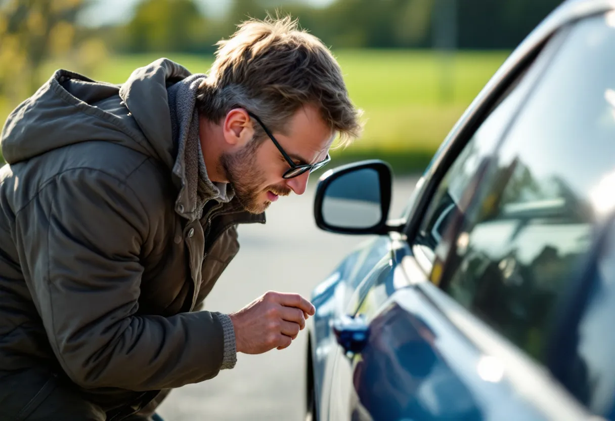 Een koppel inspecteert een glanzende tweedehandsauto op een parkeerplaats in Vlaanderen, zonlicht weerspiegelt op de carrosserie, met op de achtergrond een groen landschap.