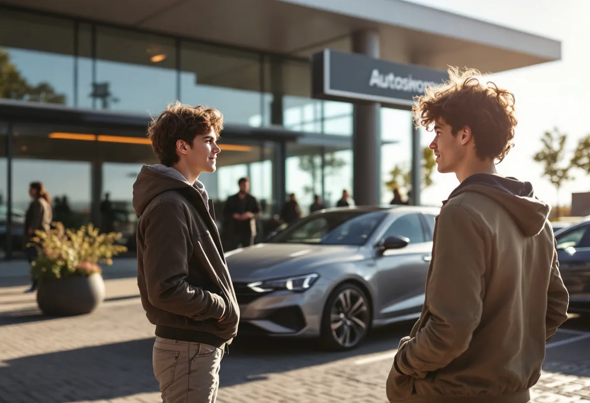 Een jonge Vlaming bekijkt een zilvergrijze tweedehandsauto op een zonnige parking voor een moderne autoshowroom, terwijl een verkoper gebaren maakt.