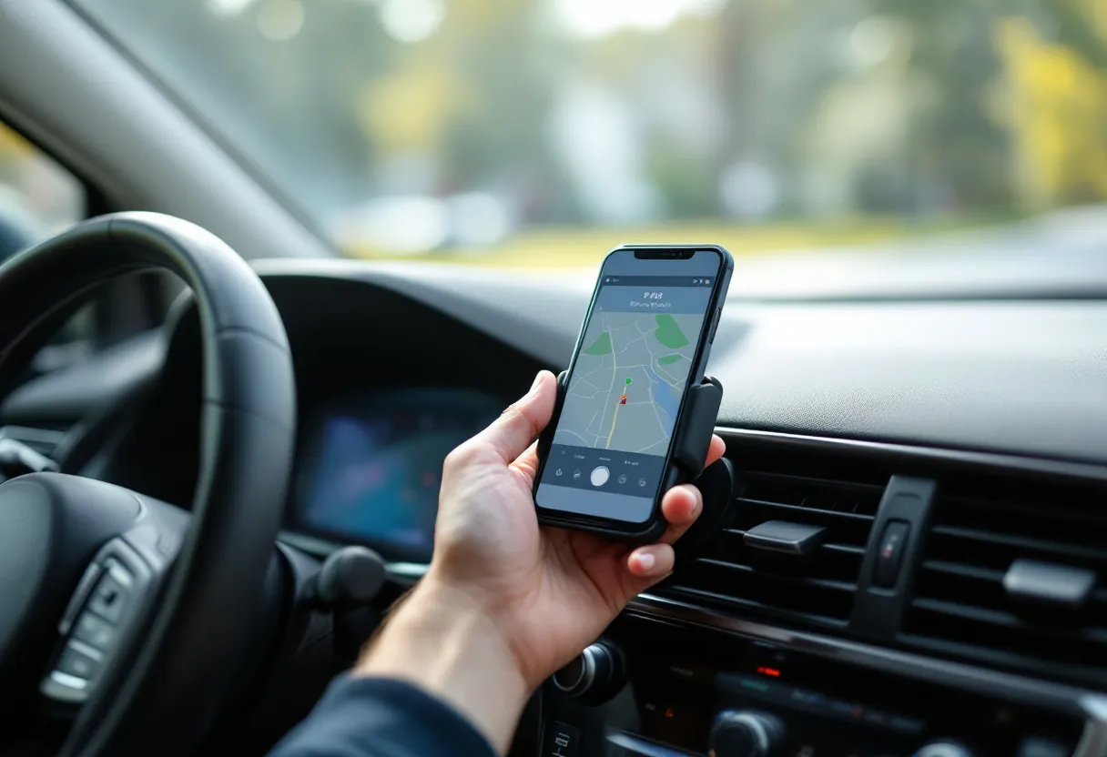 Een foto van een hand die een smartphone in een ventilatieroosterhouder plaatst in een moderne auto, met het dashboard en stuur op de achtergrond en een navigatie-app actief op het scherm.