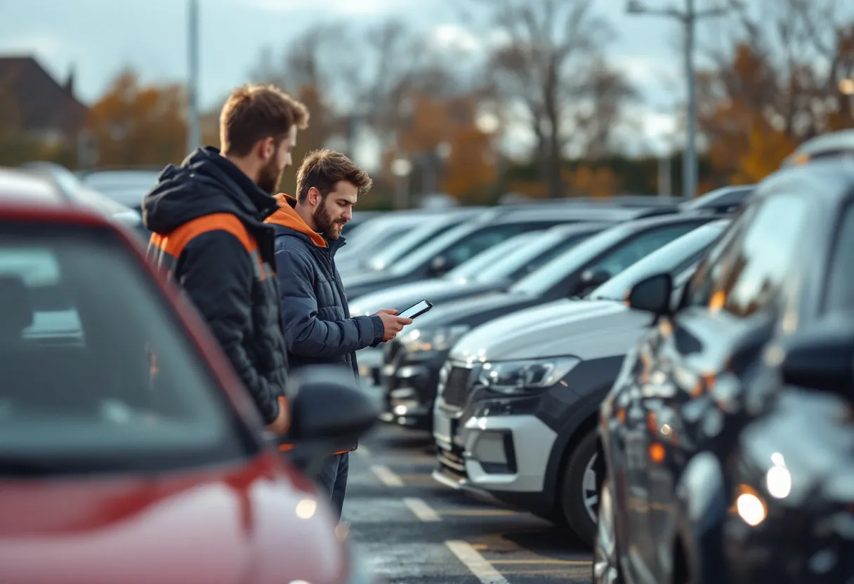 Een jonge bestuurder met een rijbewijs bekijkt samen met een adviseur een rij tweedehandsauto's op een zonovergoten parking in Vlaanderen.