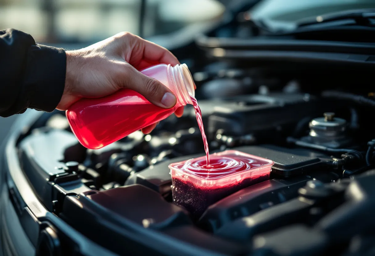 Een hand giet roze koelvloeistof uit een plastic fles in het doorzichtige koelvloeistofreservoir van een moderne automotor, met de motorkap open en zonlicht dat glinstert op de metalen onderdelen.