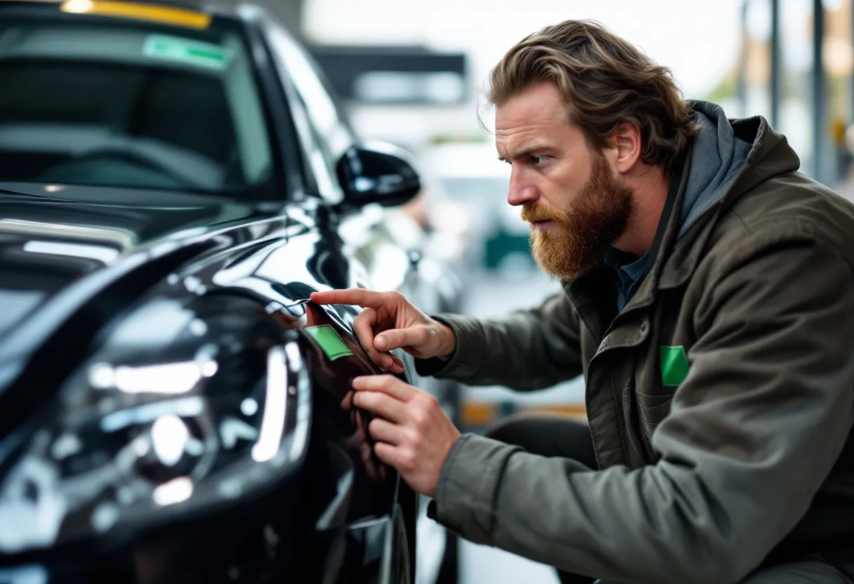 Een Vlaamse monteur inspecteert een zwarte tweedehandsauto op een autokeuringsstation, met een groene keuringssticker zichtbaar op de voorruit.