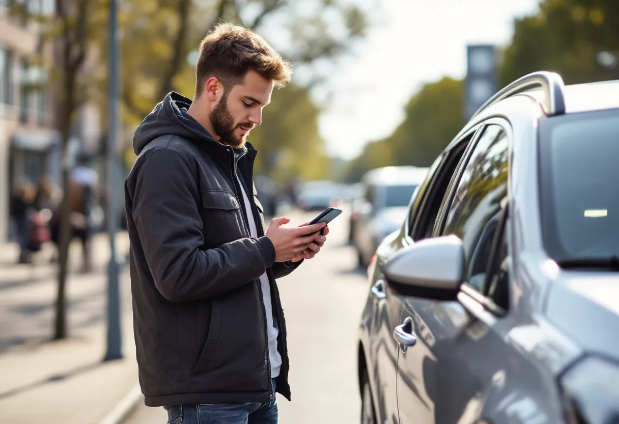 Een jonge bestuurder inspecteert een zilverkleurige tweedehandsauto op een zonovergoten Vlaams dorpsplein, terwijl hij een verzekeringsdocument op zijn smartphone bekijkt.