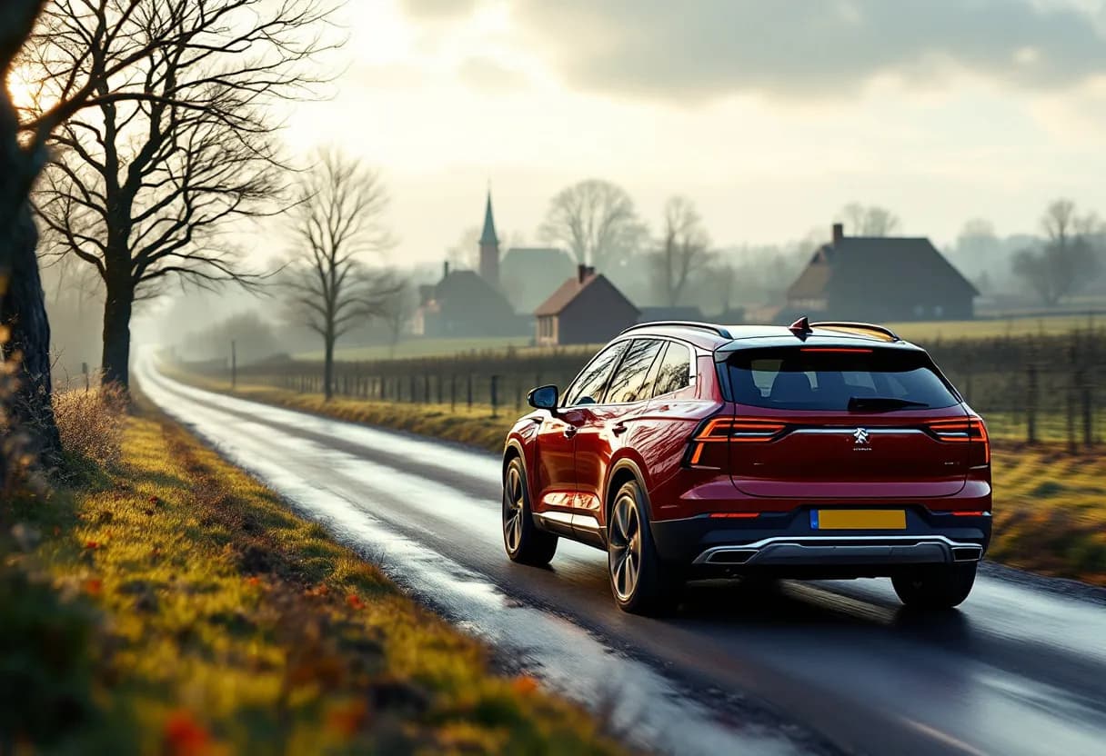 Een glanzende rode Omoda 5 SUV rijdt over een Vlaamse landweg met rijp op de velden en een typische bakstenen boerderij op de achtergrond op een zonnige winterdag.