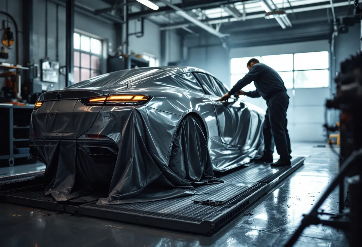 Een zilverkleurige tweedehandsauto wordt professioneel gewrapt in een heldere, moderne garage in Vlaanderen, terwijl een vakman de folie nauwkeurig aanbrengt.