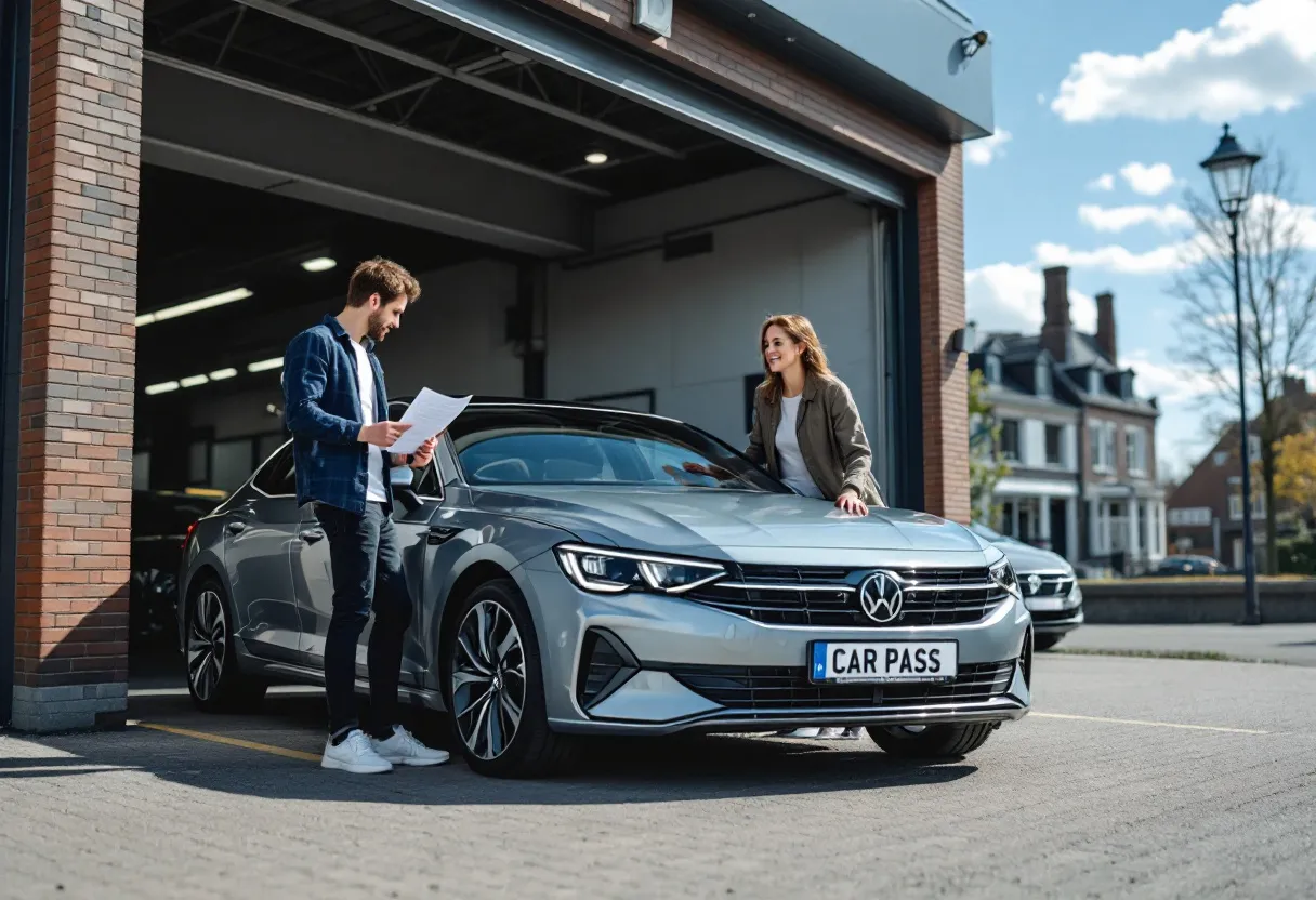 Een jonge man en vrouw bekijken een zilvergrijze tweedehandsauto op de parking van een Vlaamse garage, terwijl de verkoper een Car-Pass-document toont; op de achtergrond typische Vlaamse architectuur en een blauwe lucht.
