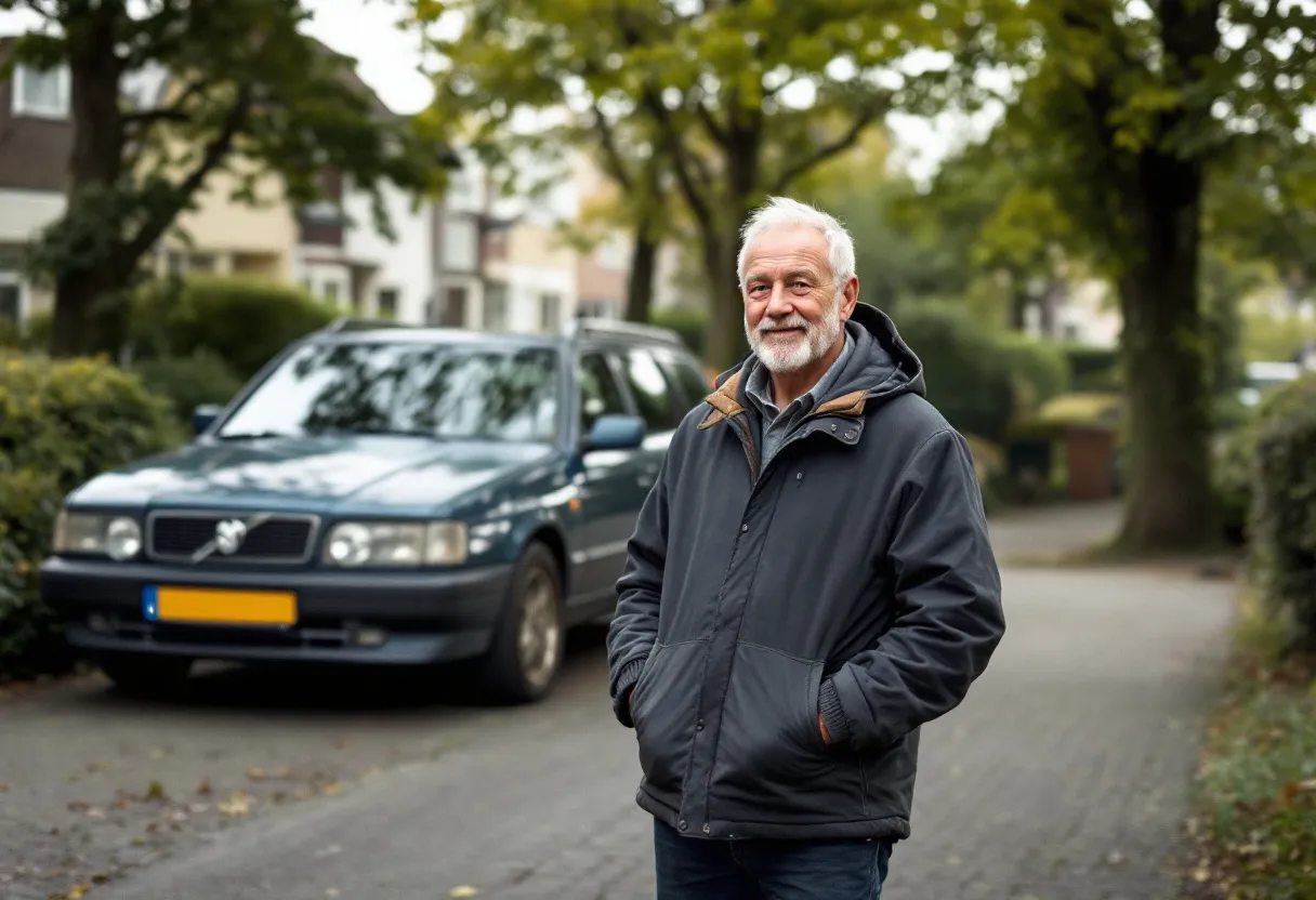 Een Vlaming staat met een glimlach naast zijn pas aangekochte tweedehandsauto op een zonovergoten oprit in een groene Vlaamse wijk.