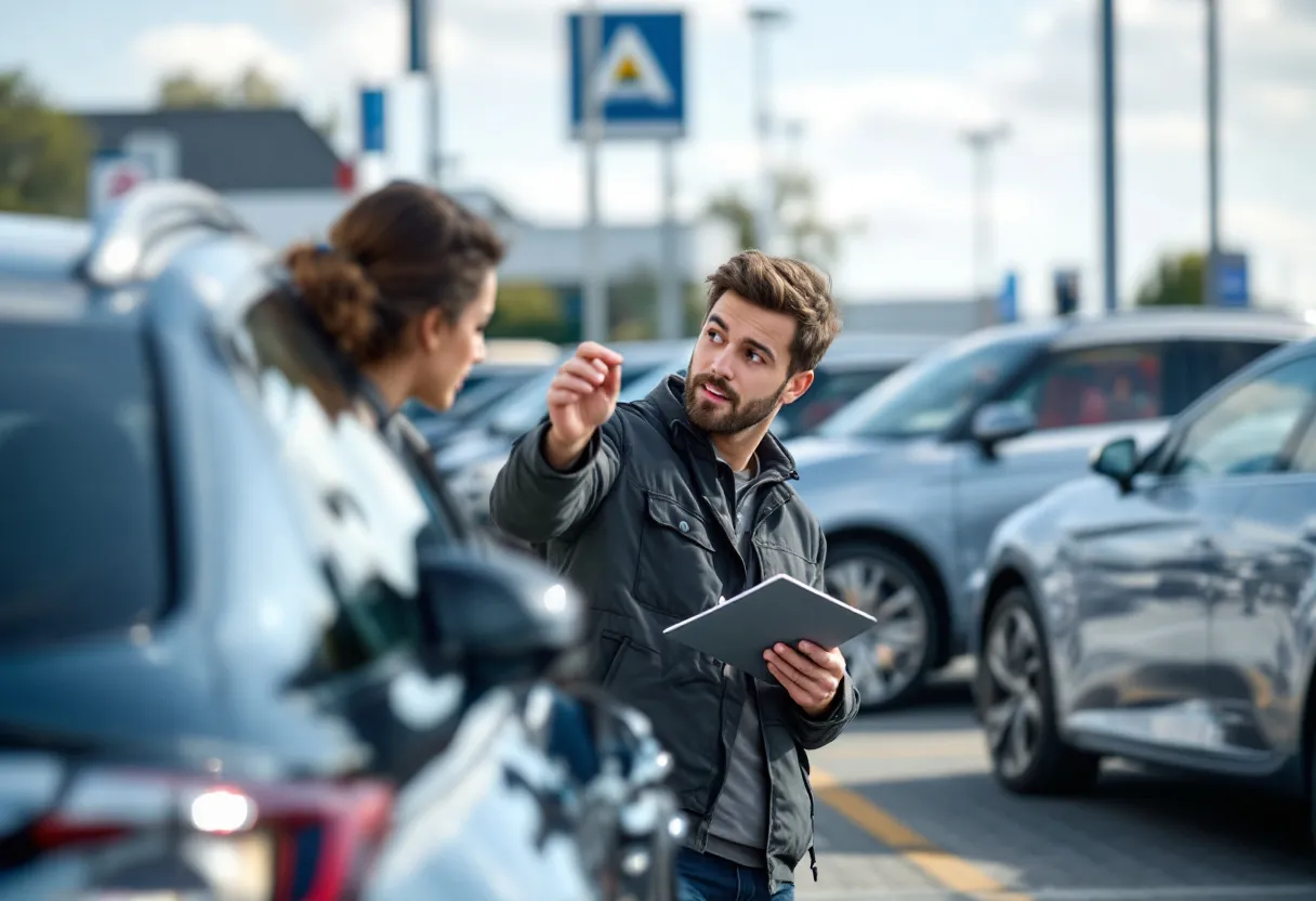 Een jonge bestuurder onderzoekt een bijna-nieuwe stadsauto op het zonovergoten terrein van een autosupermarkt, met rijen glimmende auto’s op de achtergrond.