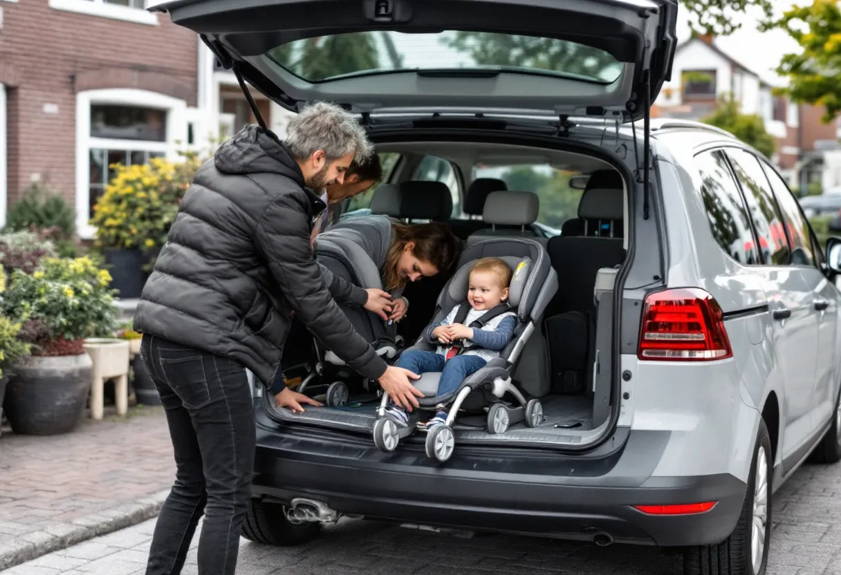 Een gezin installeert een Cybex-kinderzitje in een ruime tweedehands gezinswagen, geparkeerd in een typisch Vlaamse straat met kasseien en bakstenen huizen.
